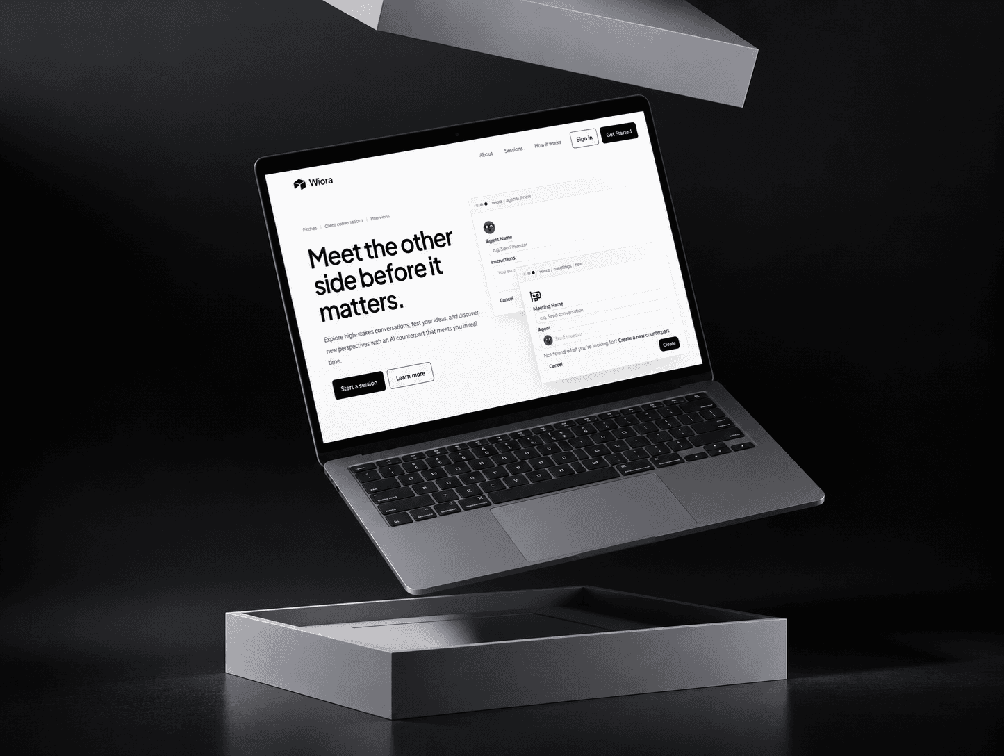 A laptop showing Wiora, a practice room for professional conversations